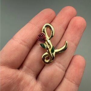VTG L. Razza Signed Goldtone Initial Letter Script “L” Red Enamel Rose